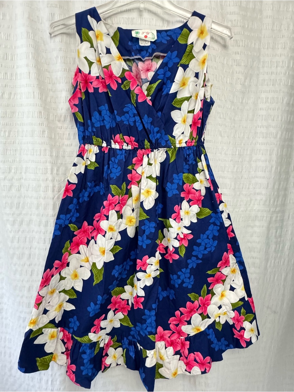 Ty Hawaiian Sleeveless Navy Floral Midi Dress Pink White Green Ruffle Hem EUC